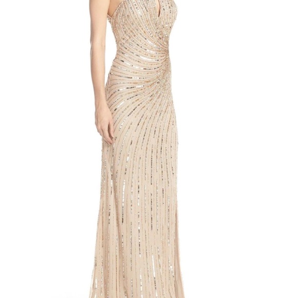 Adrianna Papell flutter dress halter keyhole gold size 4 - Picture 8 of 8